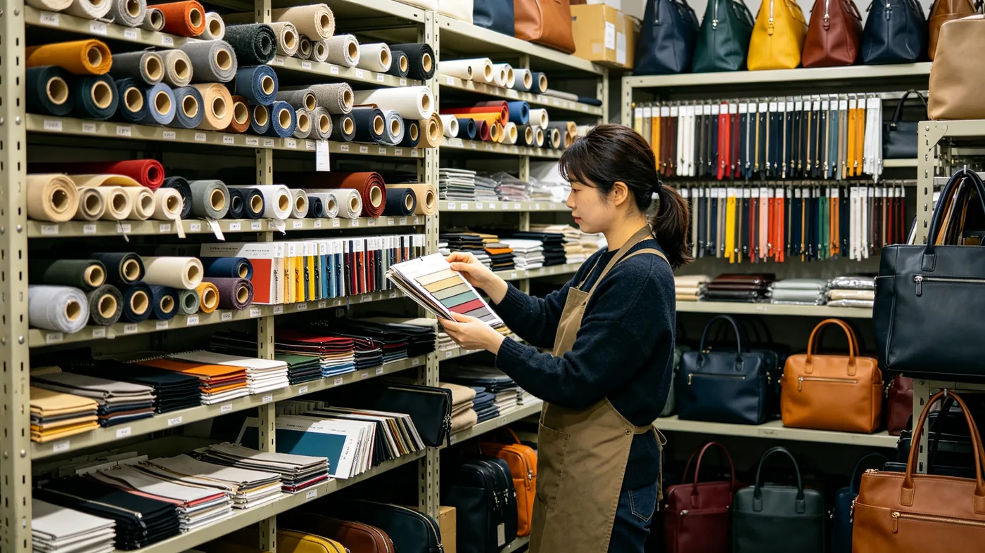Material and sample room with fabric swatches and hardware