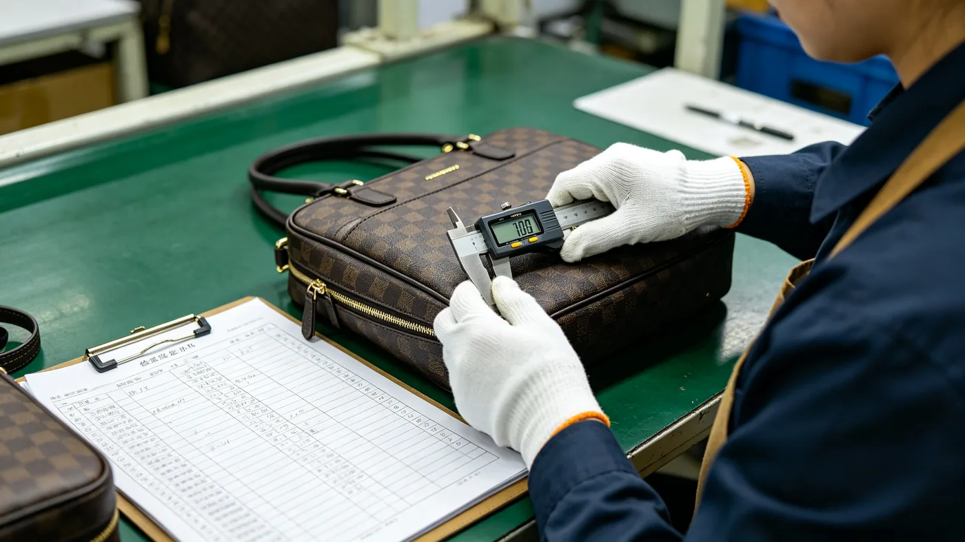 QC inspector measuring custom bag dimensions with caliper