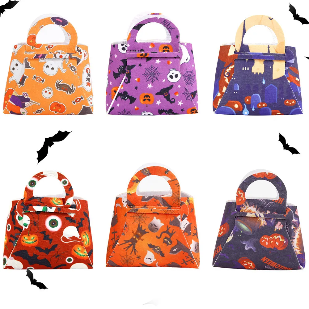 Six custom Halloween felt candy gift bag designs in orange black purple and blue