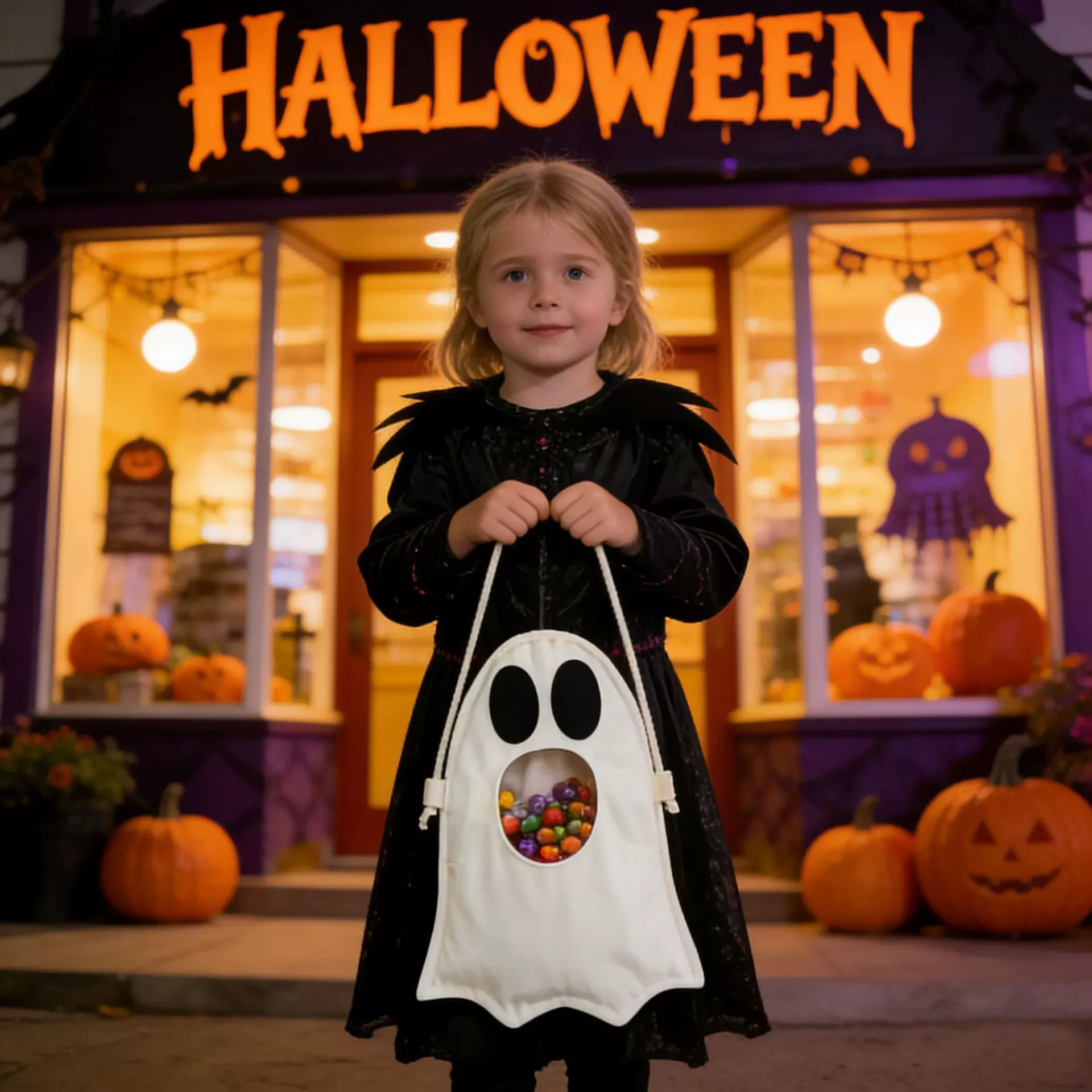 Girl carrying a white ghost candy tote bag at a Halloween store