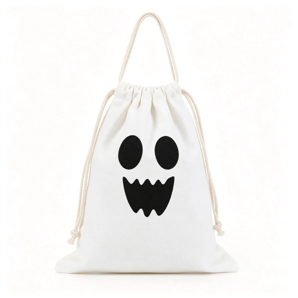 Studio shot of white polyester ghost candy bag standing upright on white background