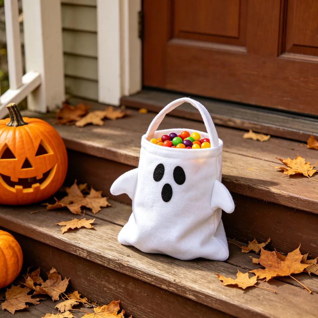 Ghost candy tote filled with assorted candies on a porch with a jack-o-lantern