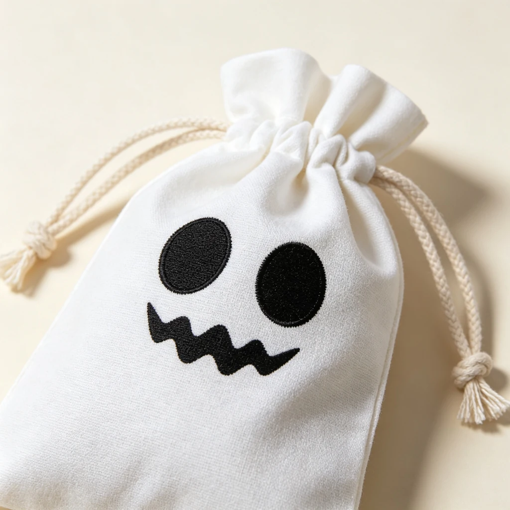 Close-up of ghost face print and drawstring rope on the candy bag