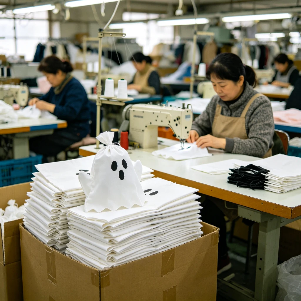 Folded ghost candy tote bags packed in cartons at the factory