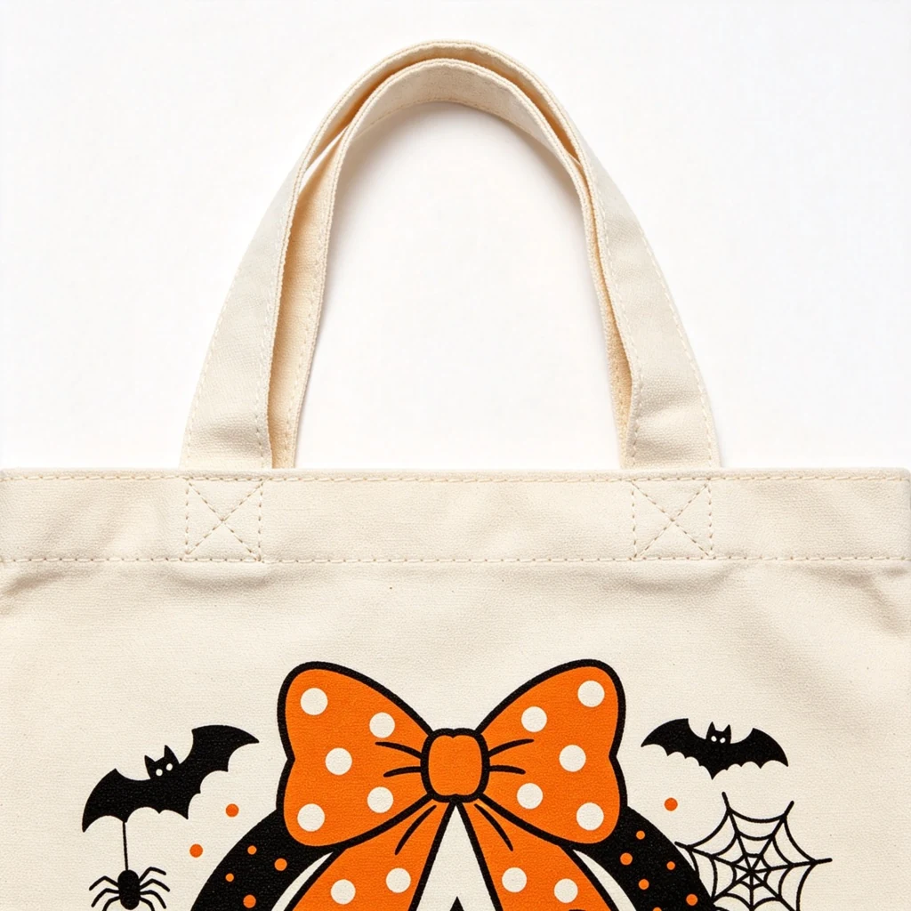 Close-up of digital printed bow, bat and spider web on the canvas tote