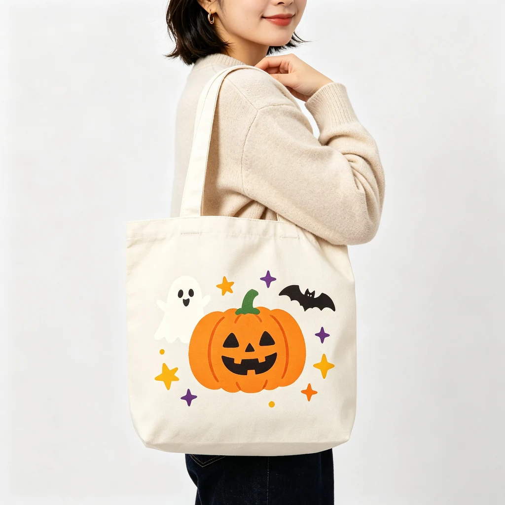 Woman carrying a custom Halloween print canvas tote over her shoulder
