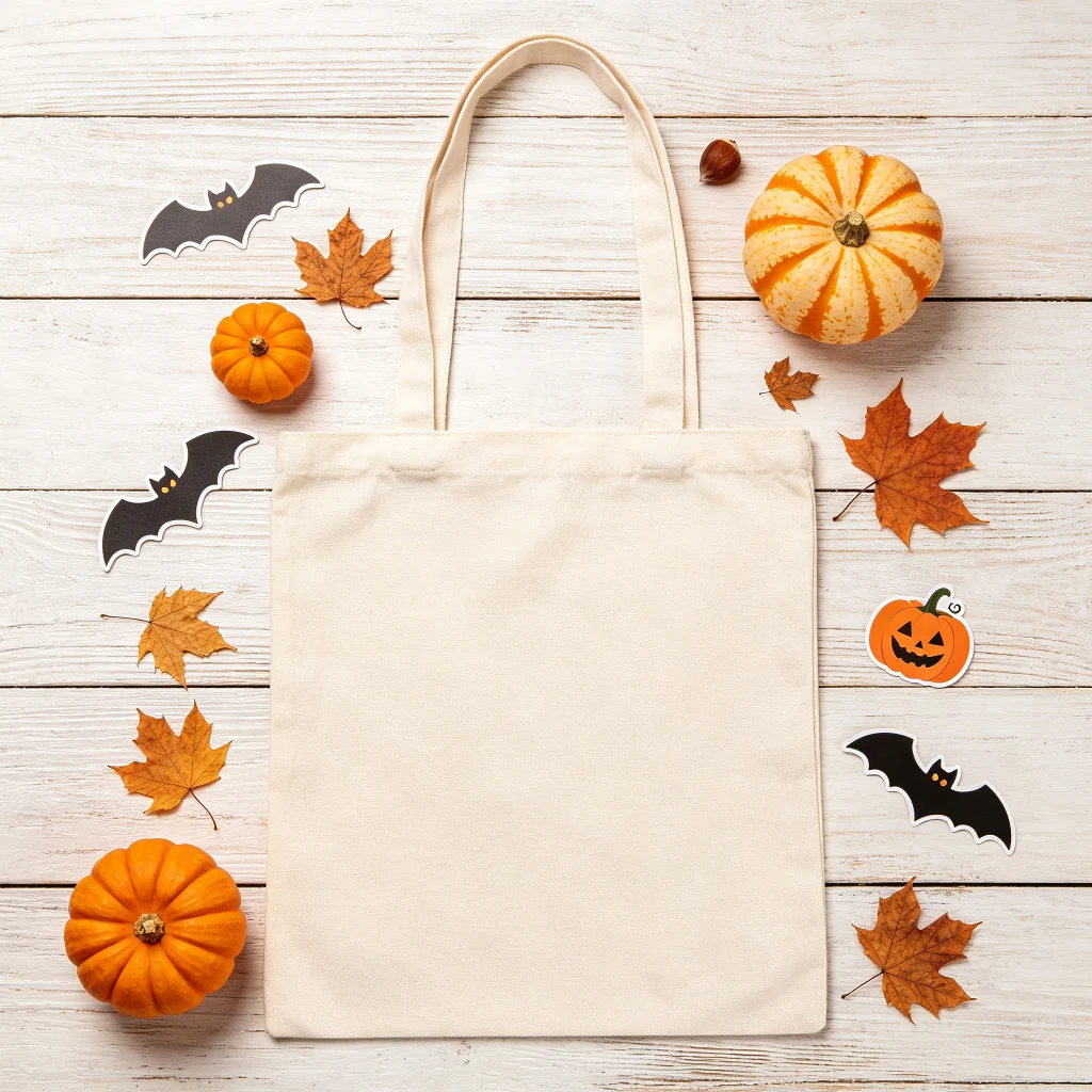 Blank natural canvas tote flat lay with Halloween decorations for custom printing