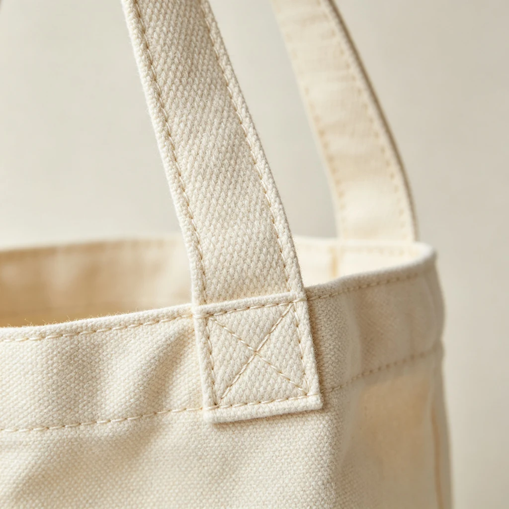 Close-up of canvas handle with cross-stitch reinforcement on the tote