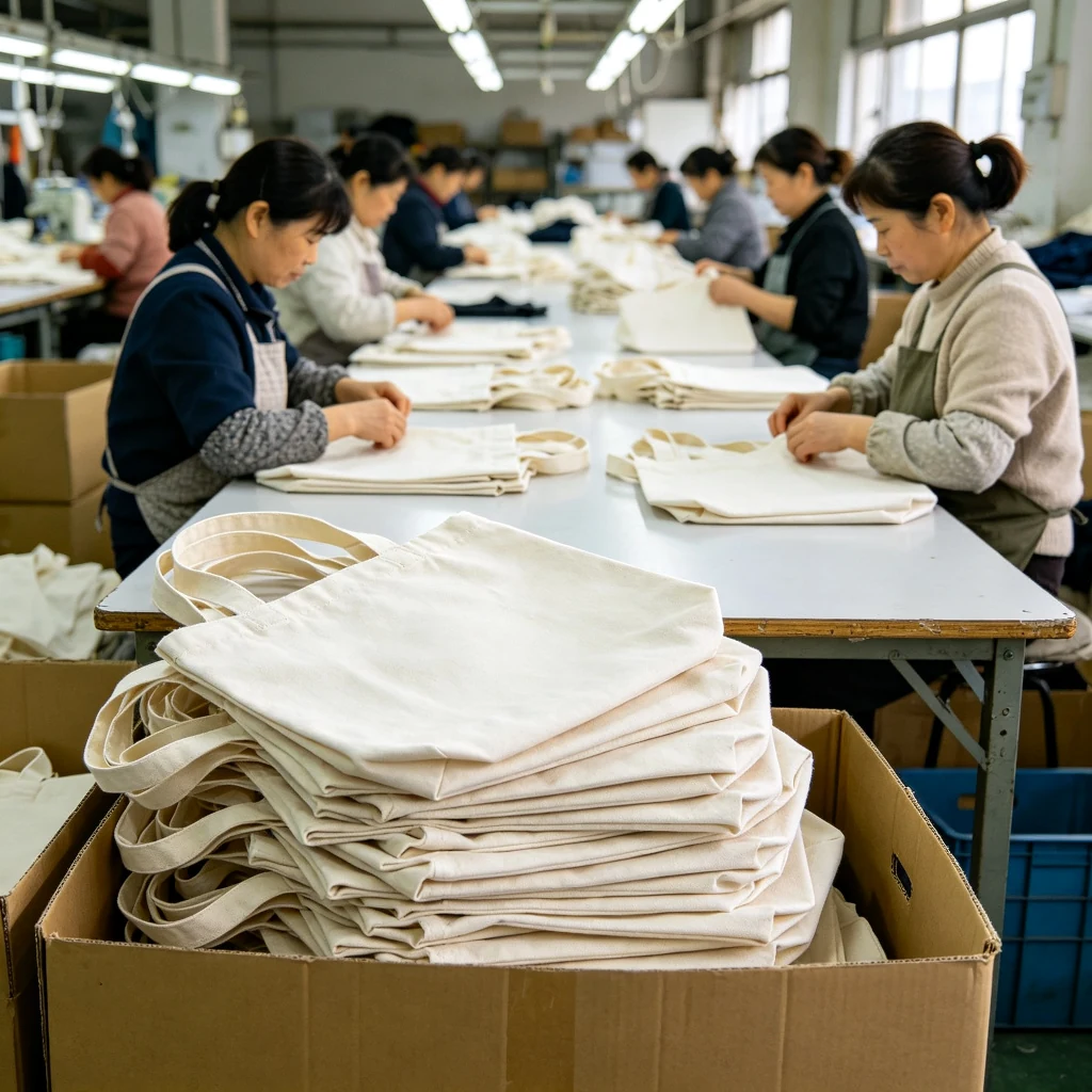 Folded canvas tote bags packed in cartons at the factory
