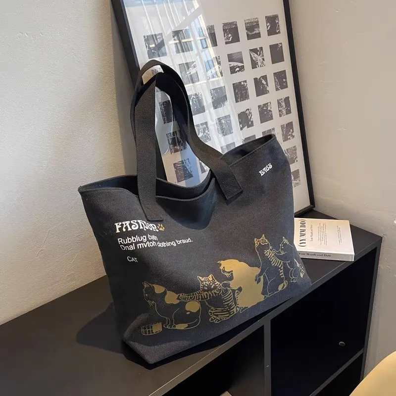 Japanese minimalist 14oz canvas tote bag with cat print in black