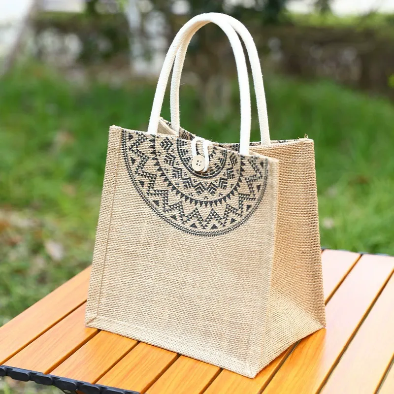Natural jute linen blend tote bag with cotton rope handles and wooden toggle