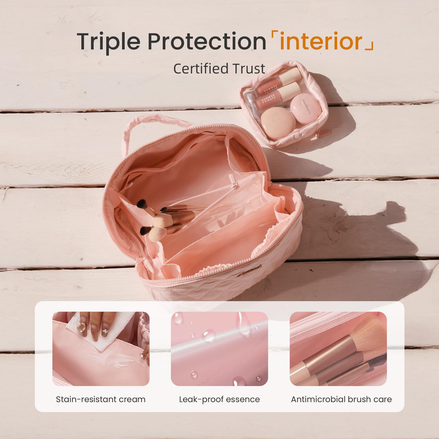 Interior view showing velvet lining with adjustable dividers for beauty products