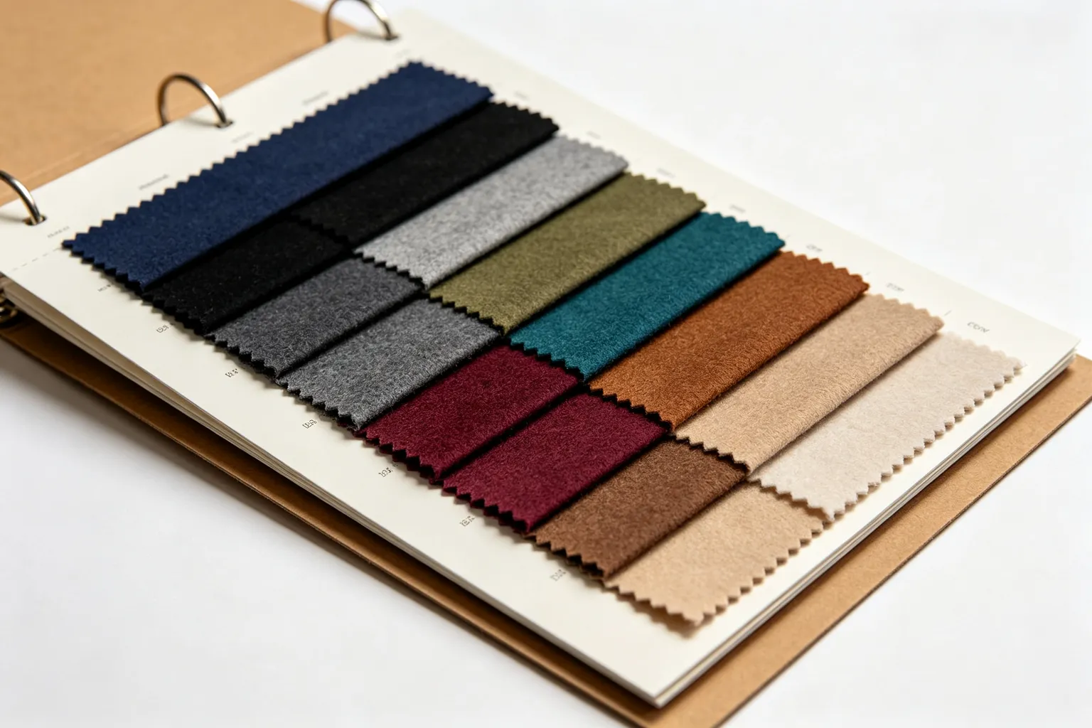 Fabric color swatch card with multiple colors arranged on a ring binder