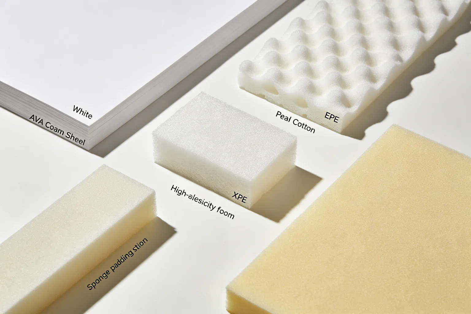 Various bag padding foam materials: EVA, pearl cotton EPE, high-elasticity XPE, and sponge