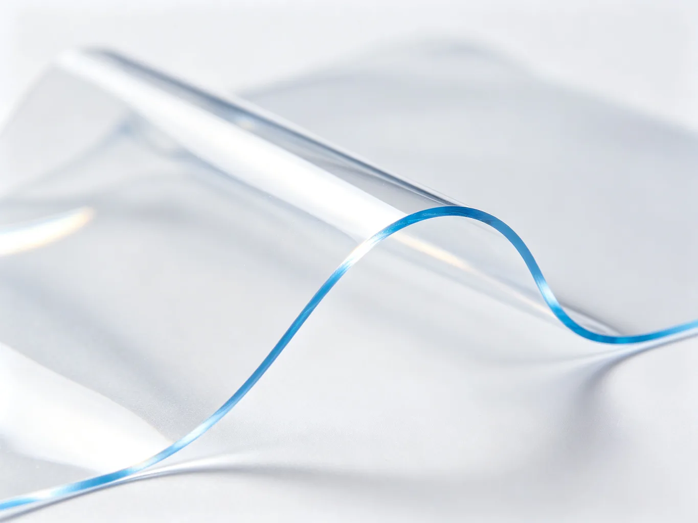 Clear transparent TPU film material close-up with blue edge refraction