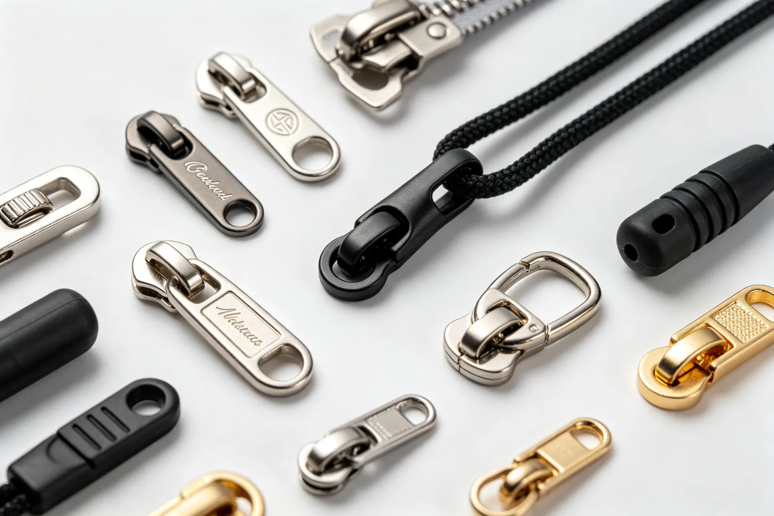 Various zipper pulls and sliders: metal, plastic, cord, rubber with custom logo