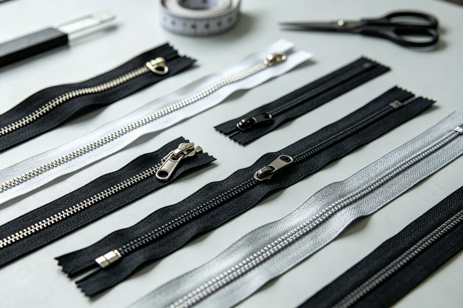 Various bag zippers: nylon coil, metal tooth, waterproof aquaguard, and invisible zippers