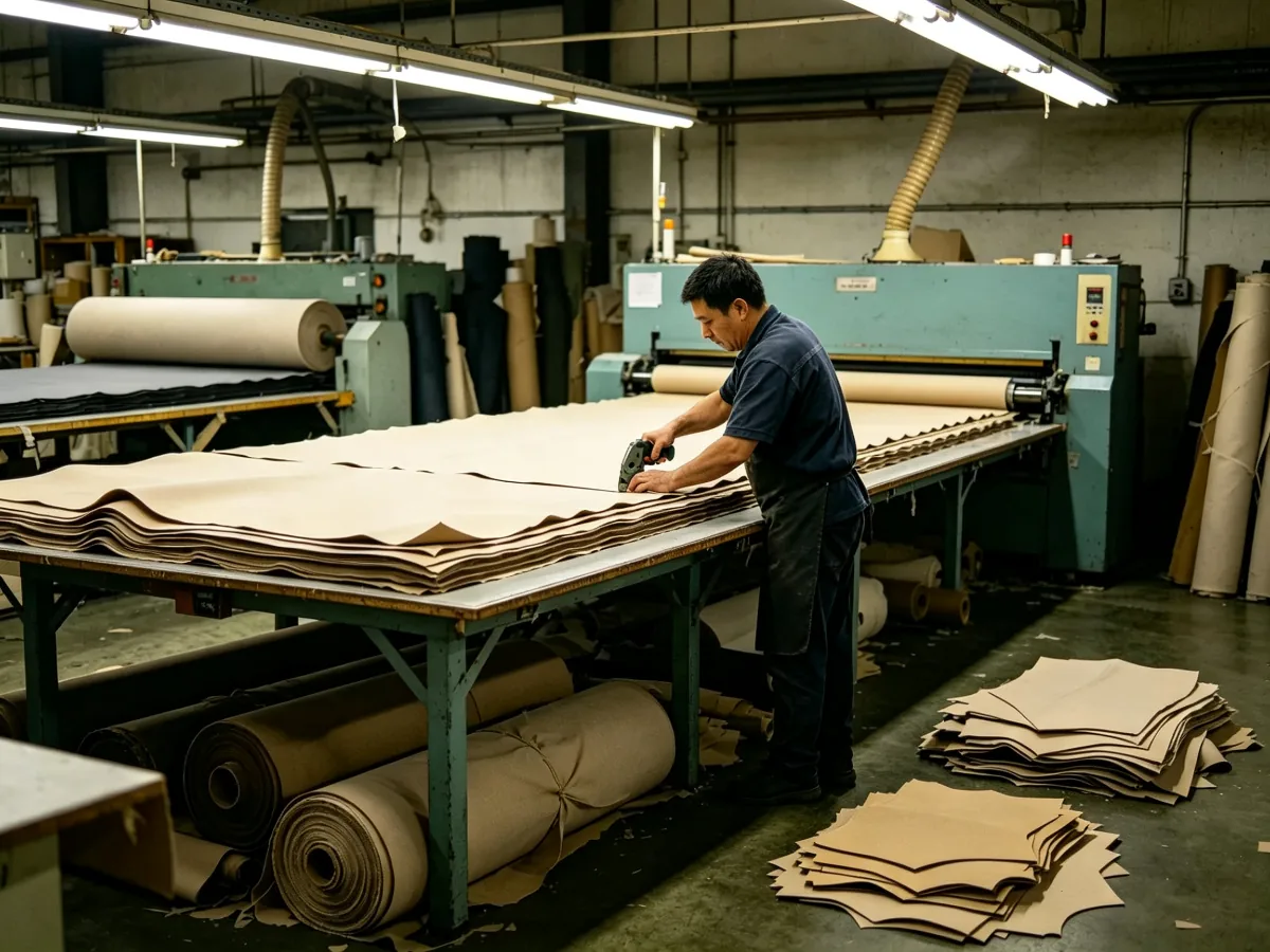 Die-cut and manual precision cutting of fabrics in the Merris bag factory