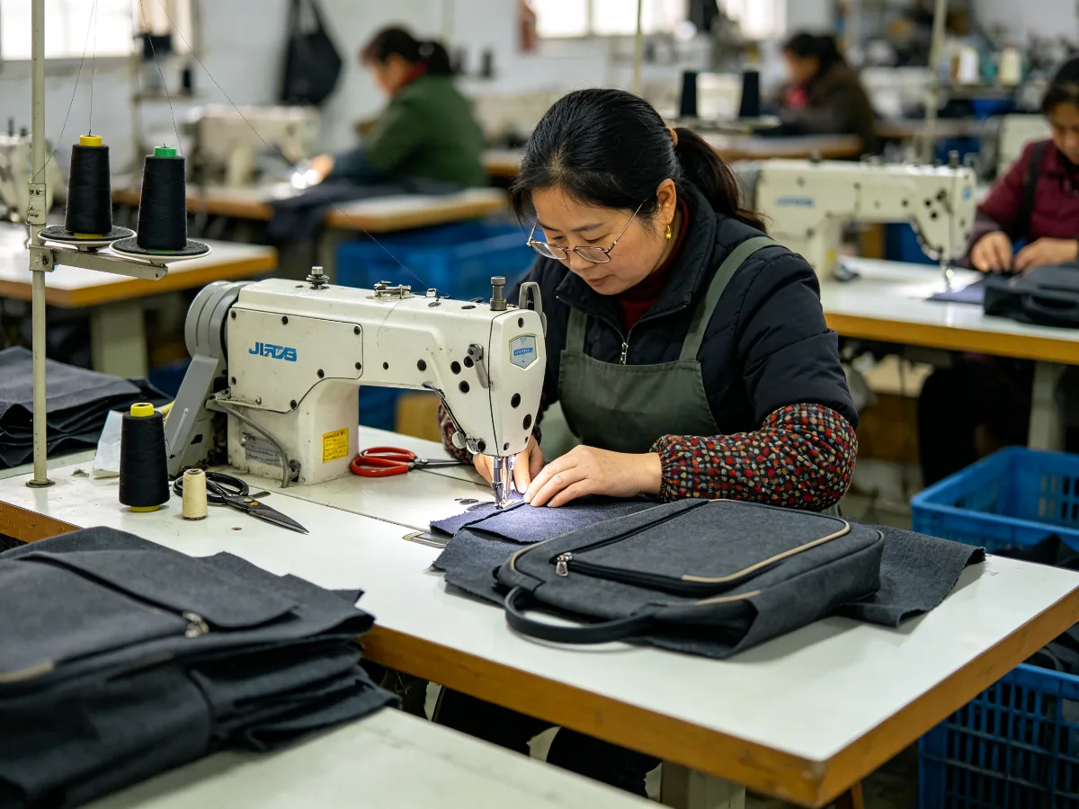 Industrial sewing production line with operators sewing custom bags at the Merris Dongguan factory
