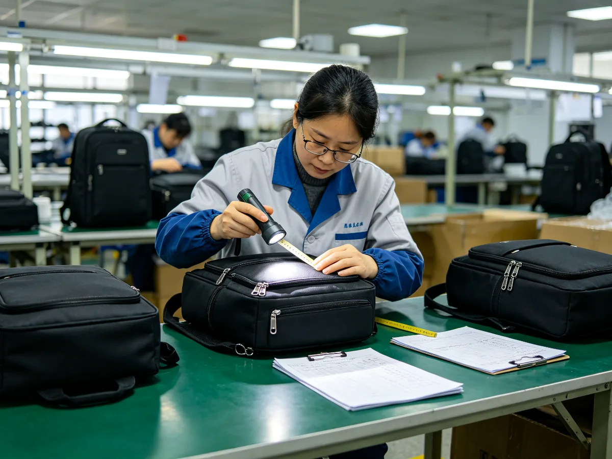 Quality inspector checking stitching, zippers and hardware on finished custom bags