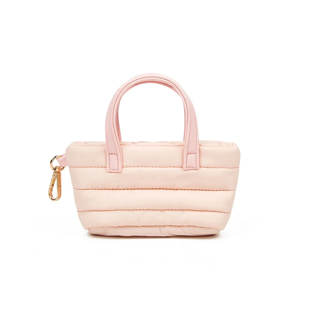 Blush pink quilted mini nylon bag with tonal short handles and gold side hook
