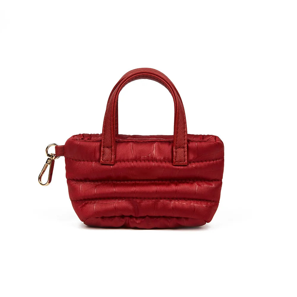 Wine red quilted mini nylon bag with gold hook clip and tonal handles