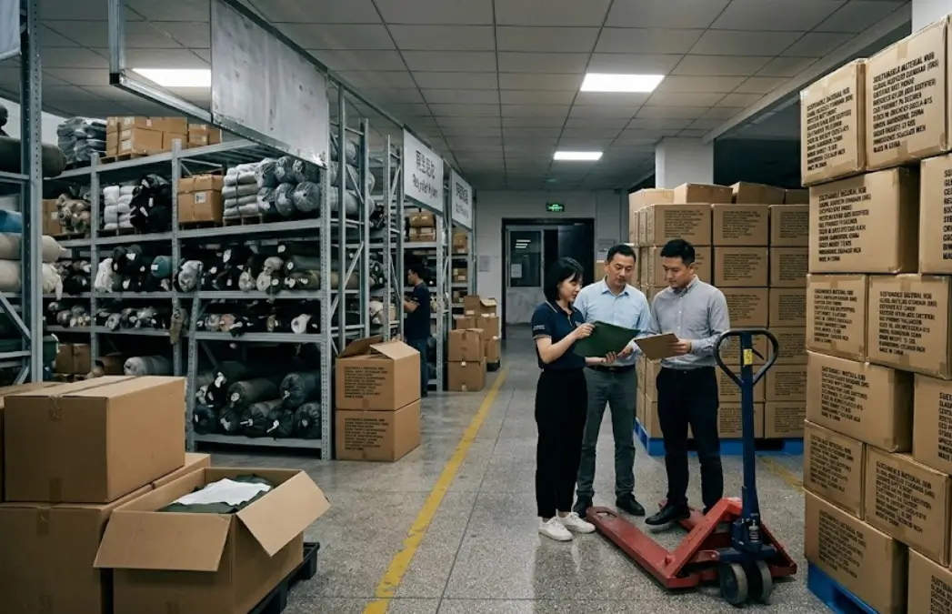 GRS-certified RPET and recycled nylon material inventory for 500MOQ sustainable production